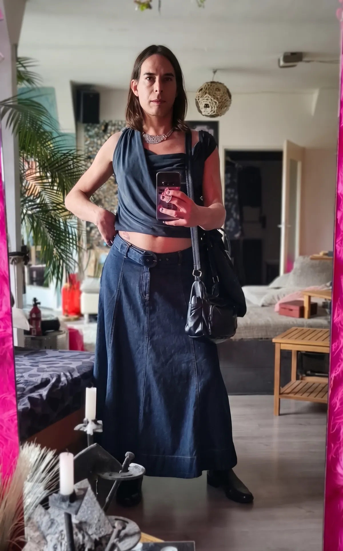 trans escort joy in a blue jeans skirt
